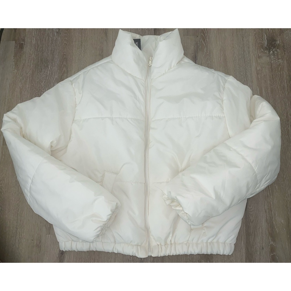 Women's Large New Look Cream Full Zip Crop Jacket Puffer Jacket White